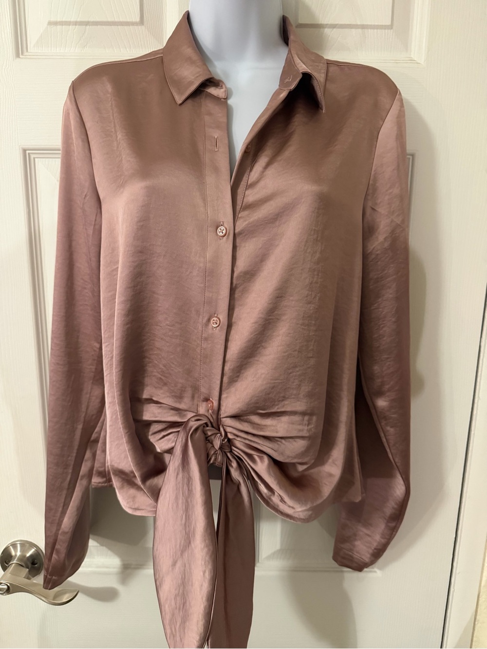 Express Satin Tie-Front Button Down Blouse - Mauve